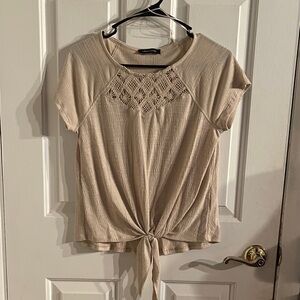 Cable & Gauge Beige Crochet Accent Tie-Front Blouse